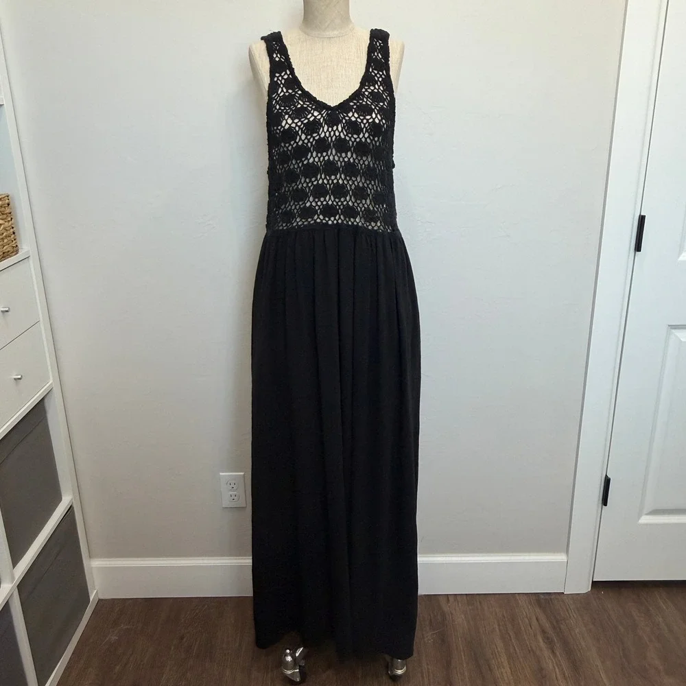 Aerie XL Maxi Dress Black Crochet Bodice Sleeveless Boho Summer Pocketed Resort
